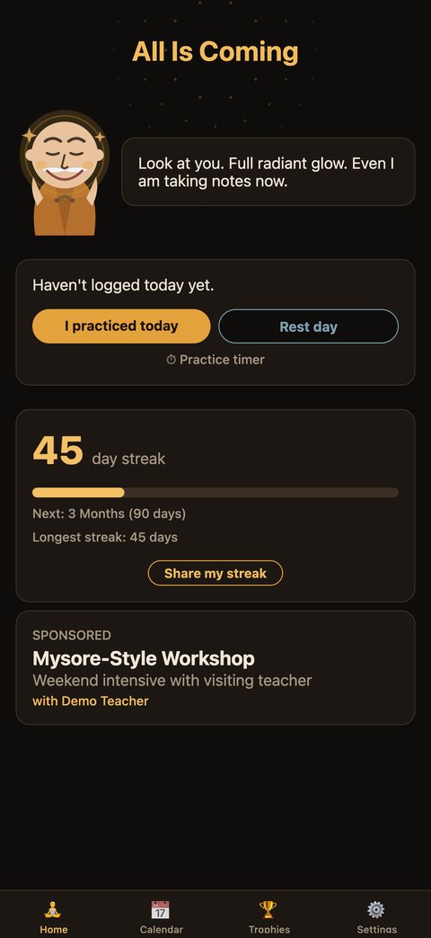 All Is Coming home screen showing a 45 day streak and the guru mascot